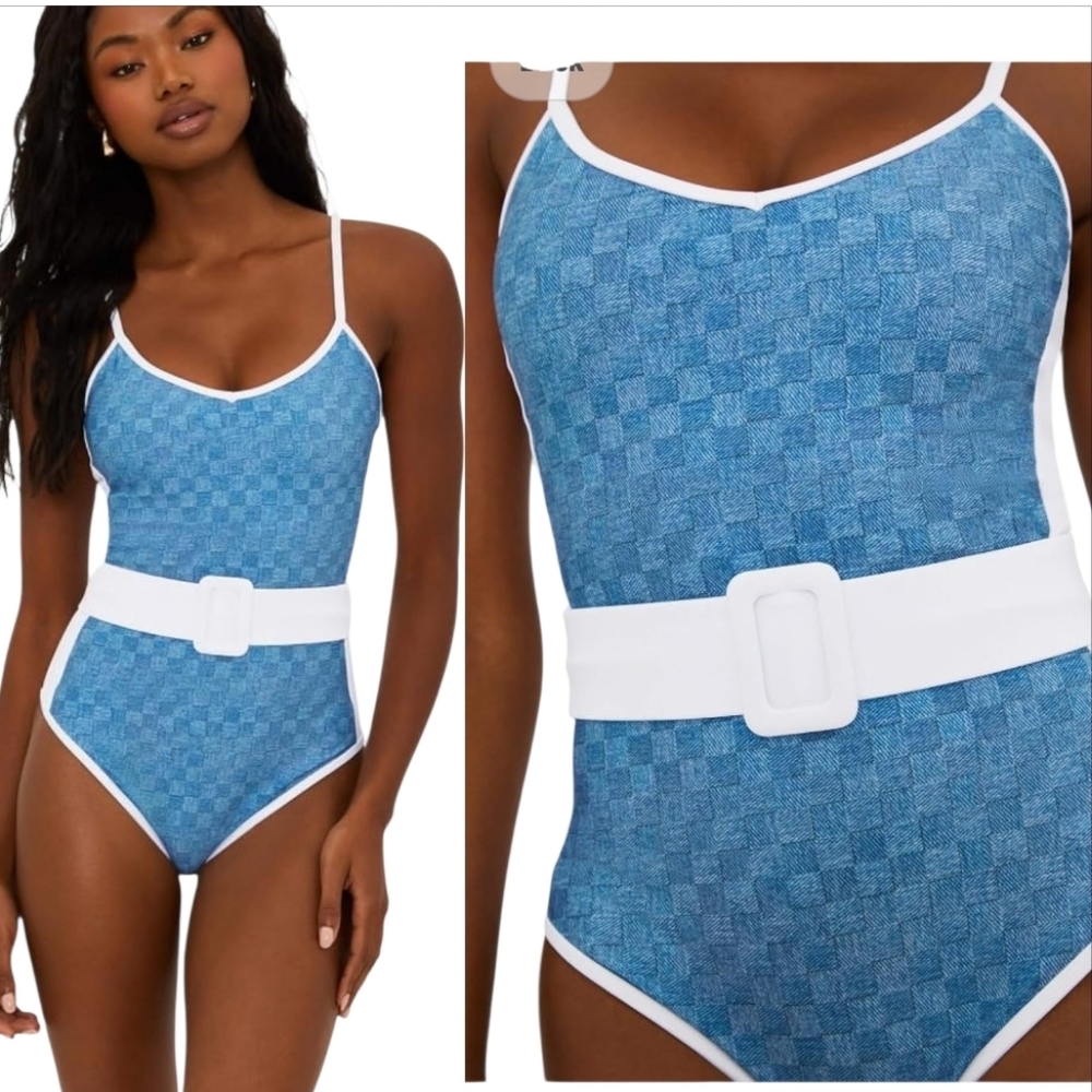 NWT Beach Riot Harmony Belted One Piece Swimsuit Denim Daze Blue sz L - Picture 4 of 7